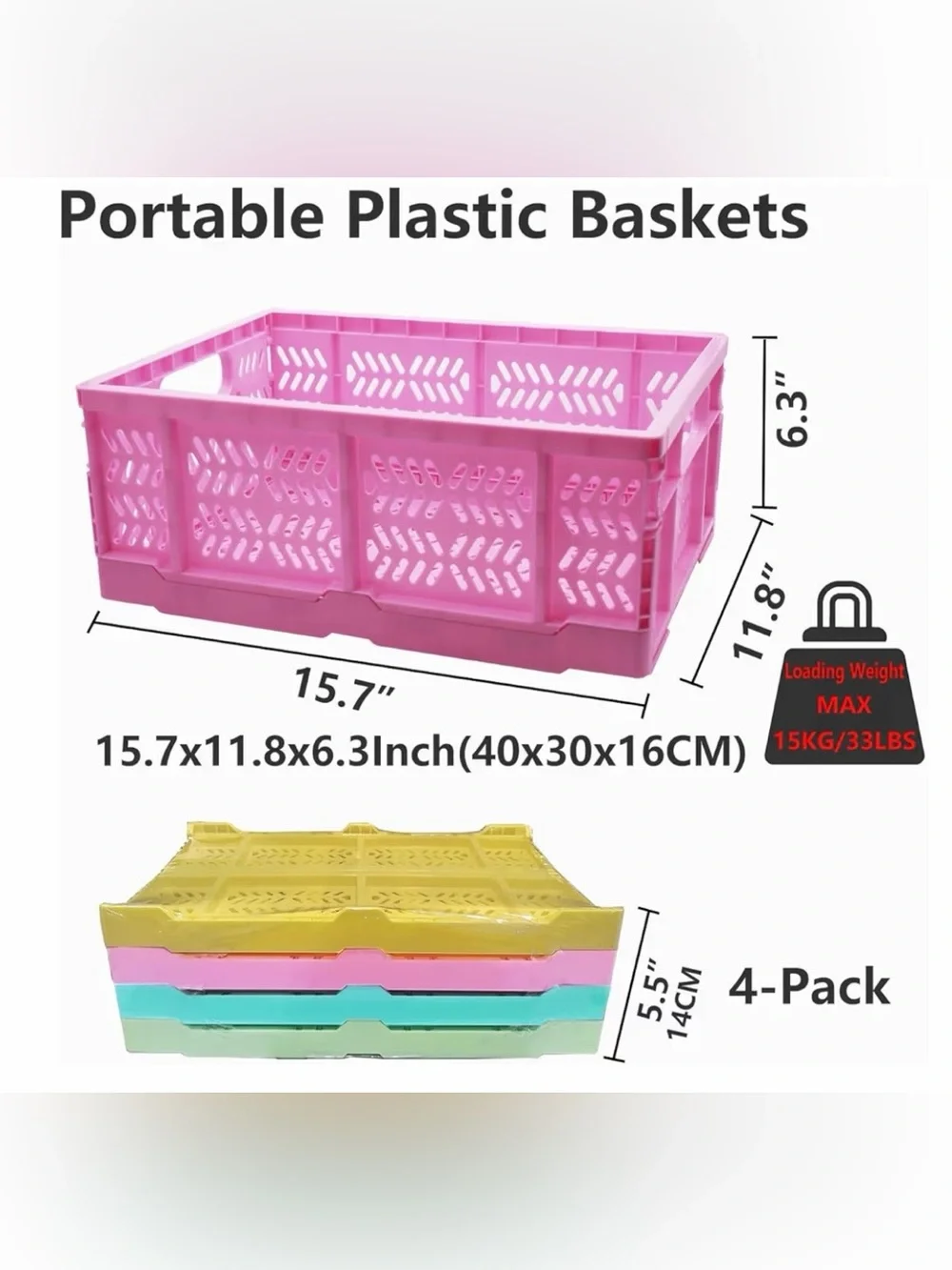 Pink Foldable Plastic Storage Crate - Durable Home Organizer